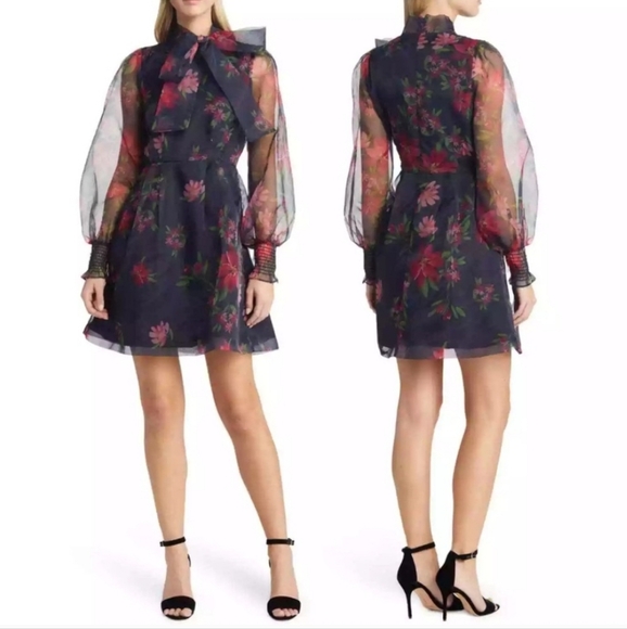 Rachel Parcell Dresses & Skirts - Rachell Parcell Women's Black Floral Tie Neck Organza Floral Mini Dress